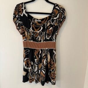 Speechless Abstract Floral Empire Waist Tunic Top Brown Black Y2K Babydoll Puff